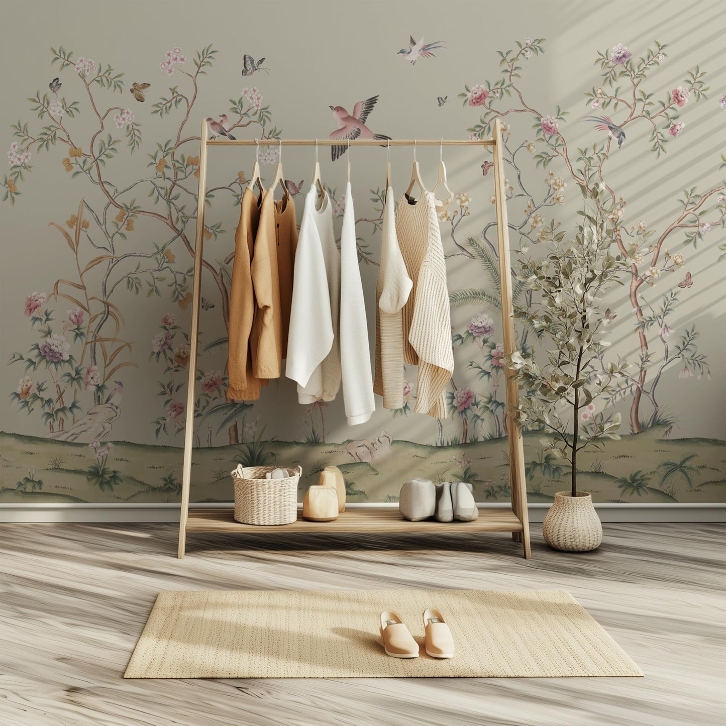 ARVOTONE Self-Adhesive Peel and Stick Wall Mural | Floral & Bird Design with Tropical Green Background | Removable Canvas Wallpaper for Living Room, Bedroom, Office (B, W114'' x H83'')