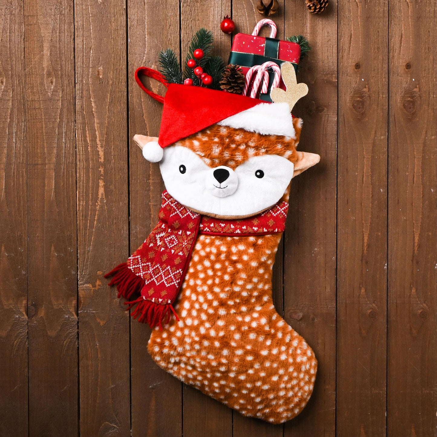 Valery Madelyn Christmas Stockings Decorations, 21 Inch Fabric Red Brown Sika Deer Cute Plush Personalized Fireplace Hanging Ornament for Holiday Xmas Party Decor