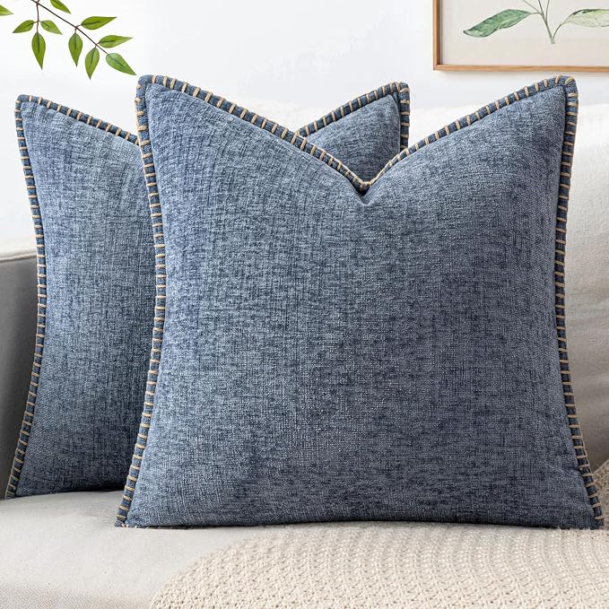 MIULEE Pack of 2 Couch Throw Pillow Covers 18x18 Inch Dark Grey Blue Farmhouse Decorative Pillow Covers with Stitched Edge Soft Chenille Solid Dyed Pillow Covers for Sofa Bed Living Room
