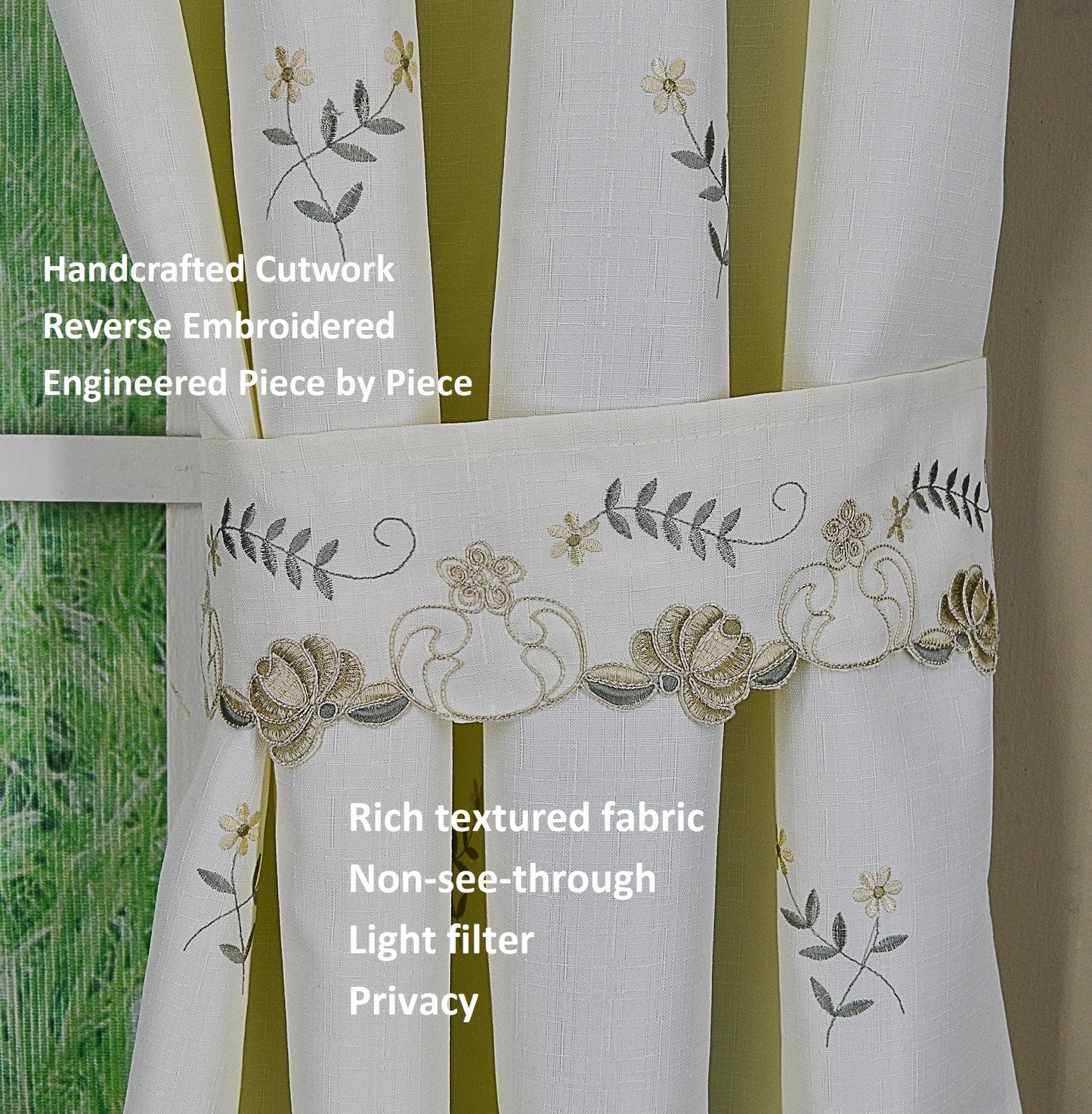 Today's Curtain Verona Reverse Embroidery Panel Pair and Tiebacks, 63", Ecru/Antique, 80" W X 63" L