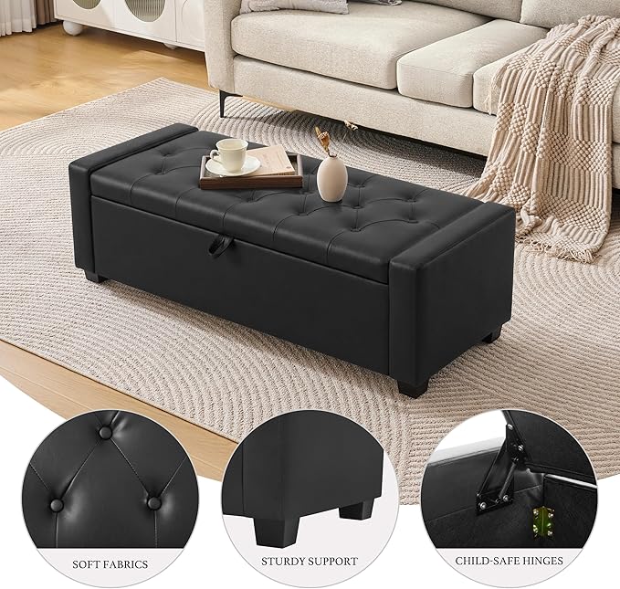 Huatean Home 48" Ottoman with Storage, Storage Ottoman Bench with Safety Hinge, Upholstered Entryway Bench with Seating for Bedroom, Living Room, Holds up to 330 lb, Light Black