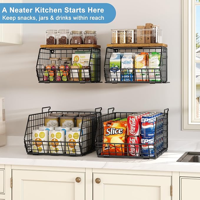 Stackable Fruit Basket for Kitchen Counter, 2 Tier Wire Baskets with Wooden Lid Top, Vegetable Storage Organizer Bins, Wall Mountable Pantry Baskets for Produce, Onion, Potato, Black