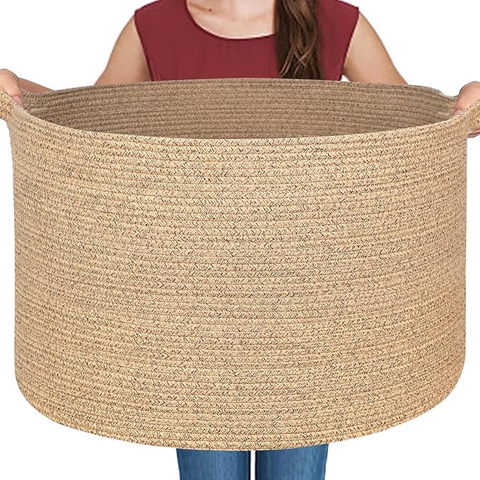 MEGASKET Large Wicker Storage Basket, 22” X 22” X 14” Woven Cotton Rope Basket, Kids Dog Toy Bin Organizer, Blanket Pillow Holder for Living Room, Brown Variegated Wicker Baskets for Organizing