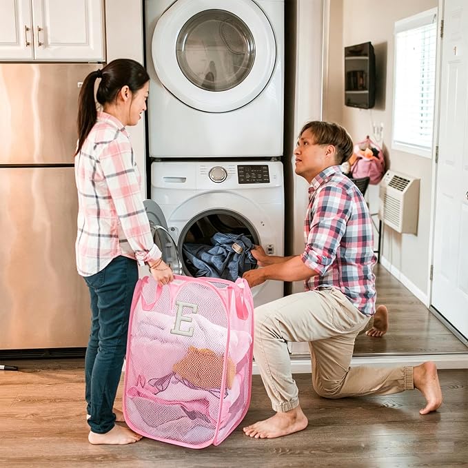Collapsible Pop Up Laundry Hamper, Extra Large with Removable Initial Letter E, Mesh Foldable Laundry Basket, 28" x 16" x 16" (Pink)