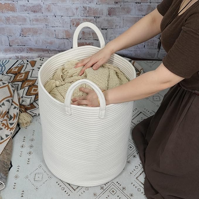 XUANGUO Cotton Rope Laundry Basket Hamper for Clothes Decorative Woven Storage Basket for Living Room Bedroom Boho Tall Rope Baskets for Blanket Toys Baby Nursery Hamper Bin Large white