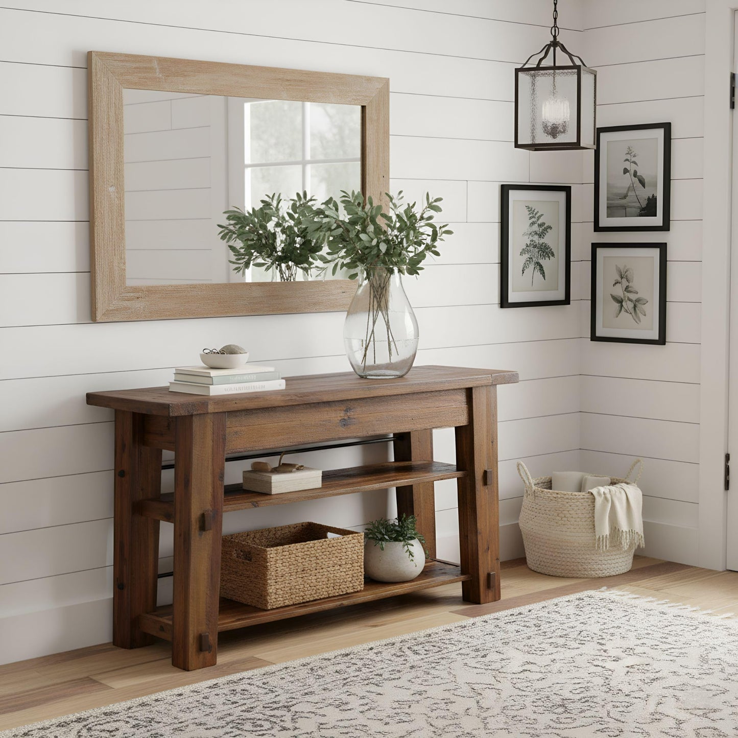 Durango 54-Inch Farmhouse-Industrial Style Wood Console Table with Two Open Shelves, Solid Wood Top, and Natural Grain and Knots – Fits TVs up to 60 Inches in Living Rooms by Alaterre Furniture