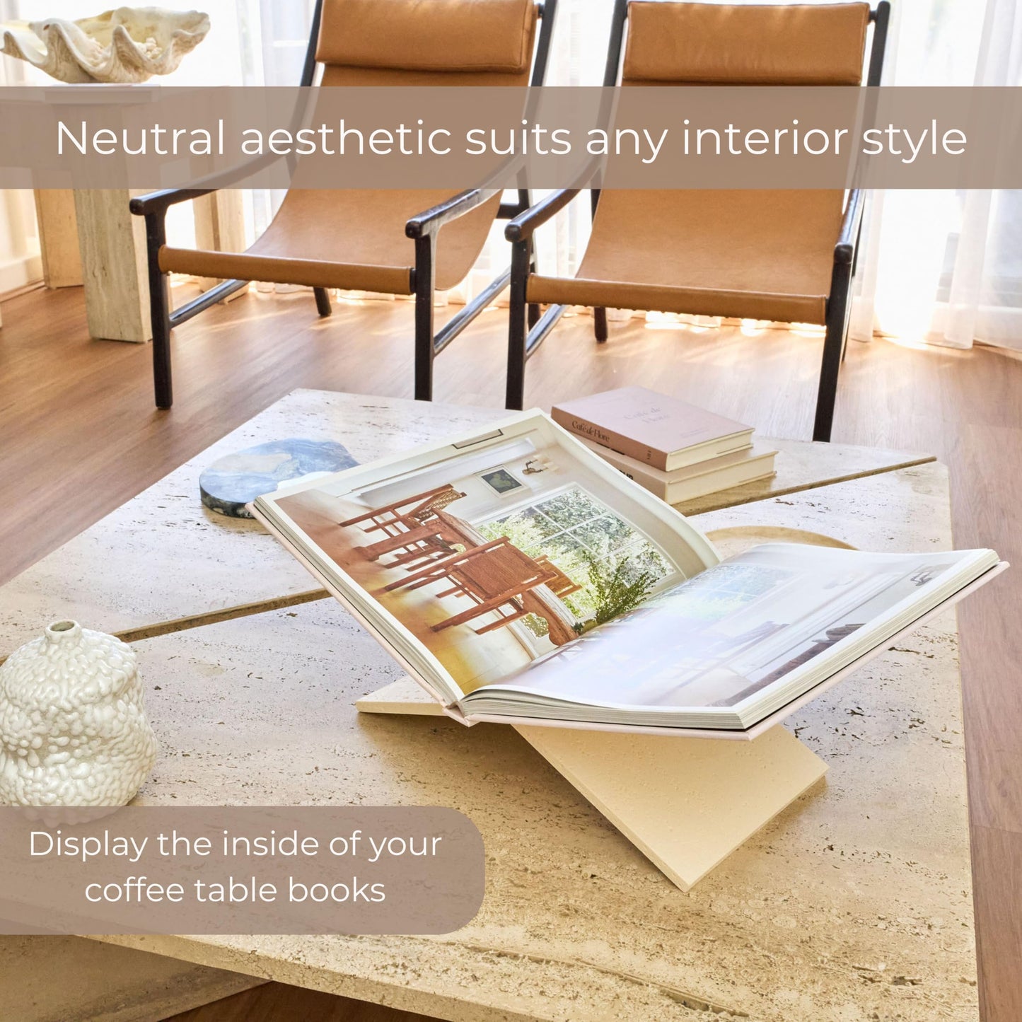 Moncur Home Faux Travertine Stone Finish Resin Book Holder for Recipe Book Display Stand, Coffee Table Books, 2 Pieces Slot Together, Neutral Beige Coffee Table Decor for Large Books