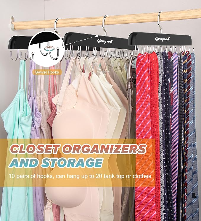Gomyrod Bra Hanger for Closet, 1 Pack Tank Top Hanger w/20 Hooks Capacity Foldable Wood Space Saving Hangers, 360°Rotating Closet Organizers and Storage for Dorm & Apartment for Bra Scarf Ties(Black)
