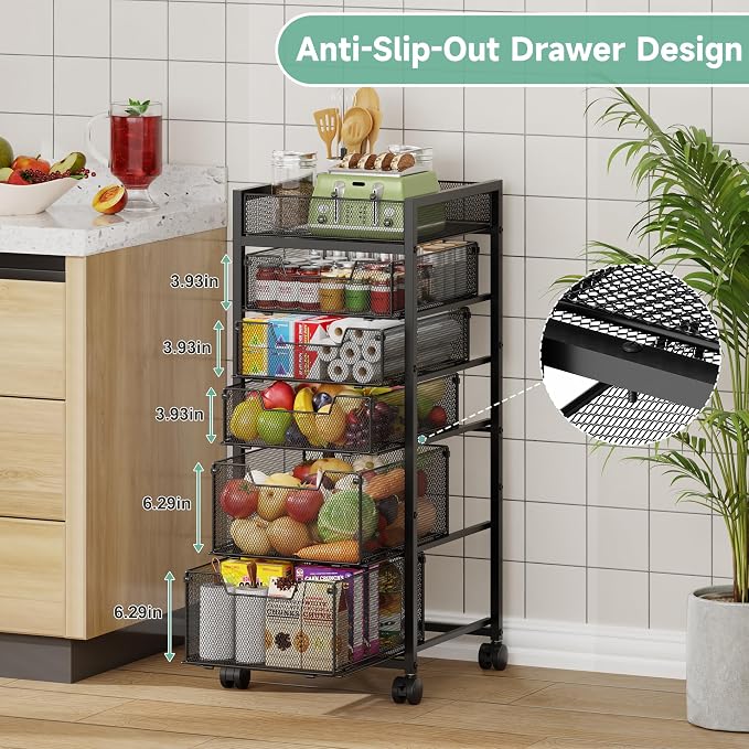 keomaisyto 6-Tier Kitchen Storage Cart with Top Basket & Drawers, Utility Fruit Vegetable Storage Rack on Lockable Wheels, Metal Rolling Snack Cart, Kitchen Organization for Potatoe Onion Can Spice