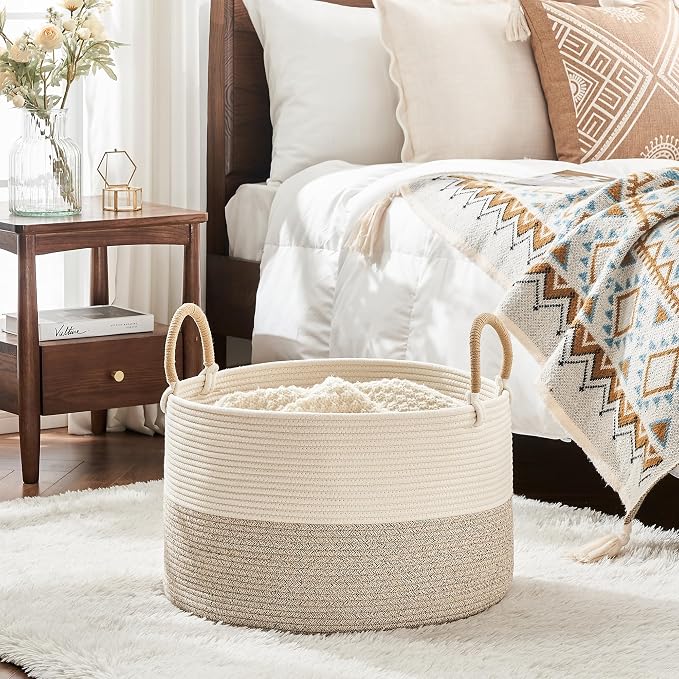 KAKAMAY Cotton Rope Storage Basket (20"x13"),Woven Hamper for Blankets,Toys,Pillows,Clothes,Laundry,Sturdy Handles Decorative Basket for Living Room, Bedroom,Nursery(Beige)