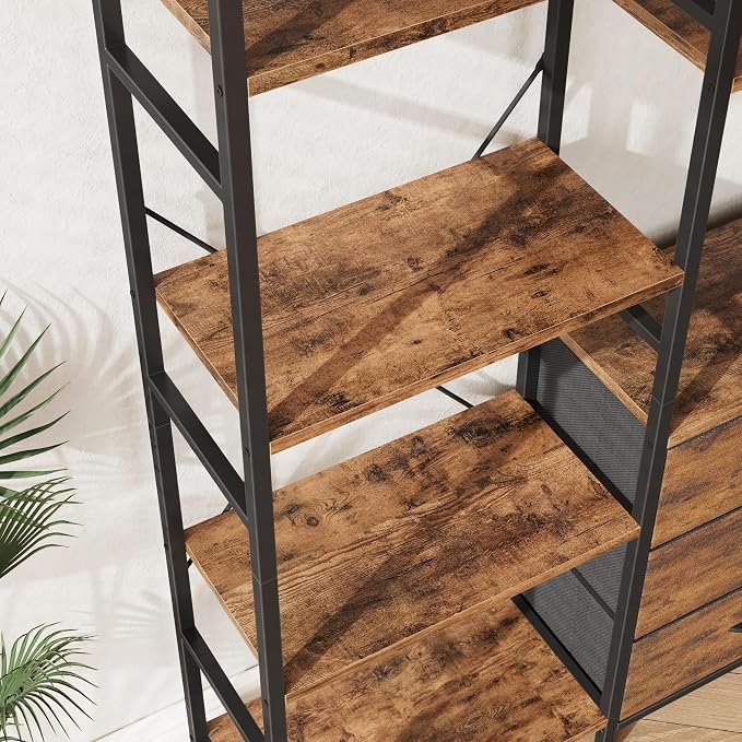AFLUI Triple Bookshelf with 3 Fabric Drawers, 6-Tier Book Shelf and 10 Display Shelves, Industrial Large Bookcase for Home & Office, Rustic Brown, 47'' Wide