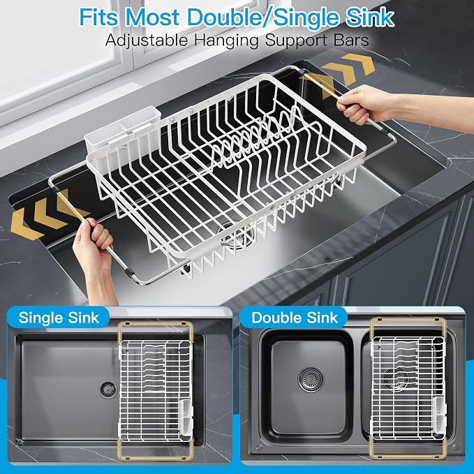 JASIWAY White Expandable Stainless Steel Dish Drying Rack Over The Sink for Small Kitchen, Counter Space Saving Compact Plate Drainer Strainer, Adjustable Hanging Metal Dish Dryer with Utensil Holder