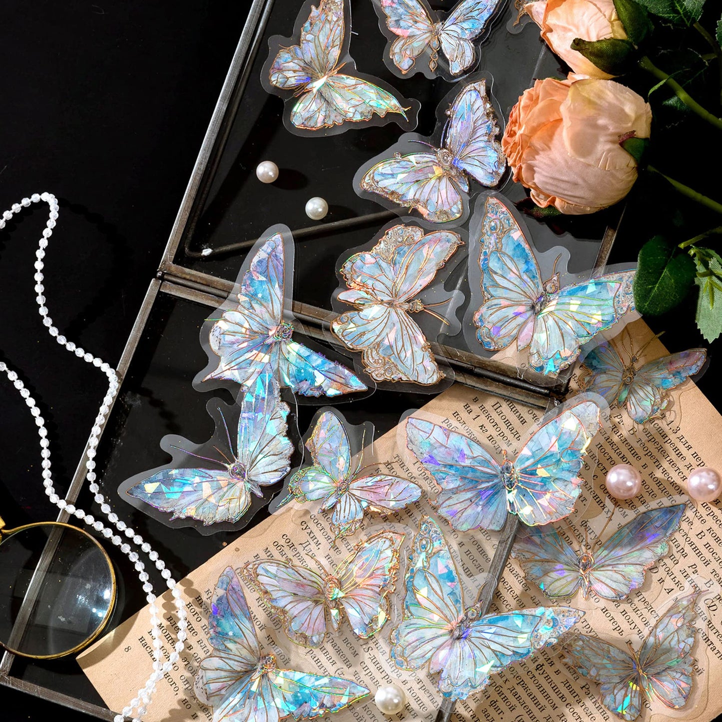 Aromoty Butterfly Stickers Set Ice Crystals Holographic Shiny Transparent Resin Waterproof Stickers Decals 80 Pieces with 4 Themes for Scrapbooking Supplies Junk Bullet Journals Daily Planner Laptop