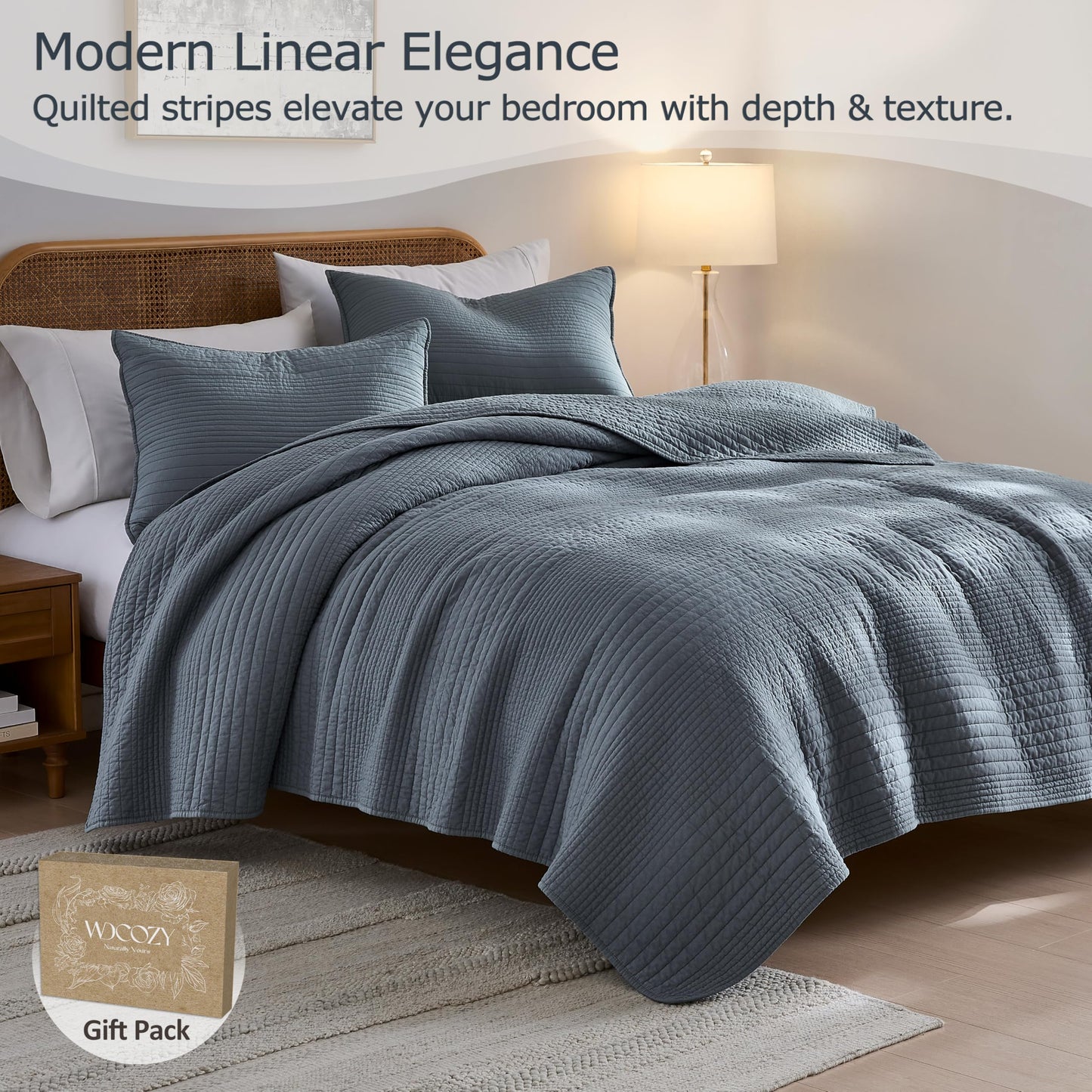palassio Striped Blue Grey 100% Cotton Quilt Queen Size Bedding Sets, Lightweight Crinkly Channel Pick Stitch Textured Bedspread Soft Shabby Chic Farmhouse Country Coverlet for All Season, 2 Shams