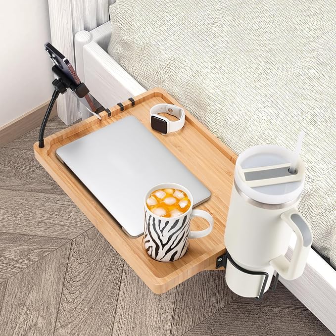 Bedside Shelf for Dorm Bed & Top Bunk, Bamboo Bed Side Table Tray with Cup Phone Holder & Hooks, Bedside Caddy, Clip on Nightstand Bedside Storage College Dorm Room Essentials (Bamboo-1)