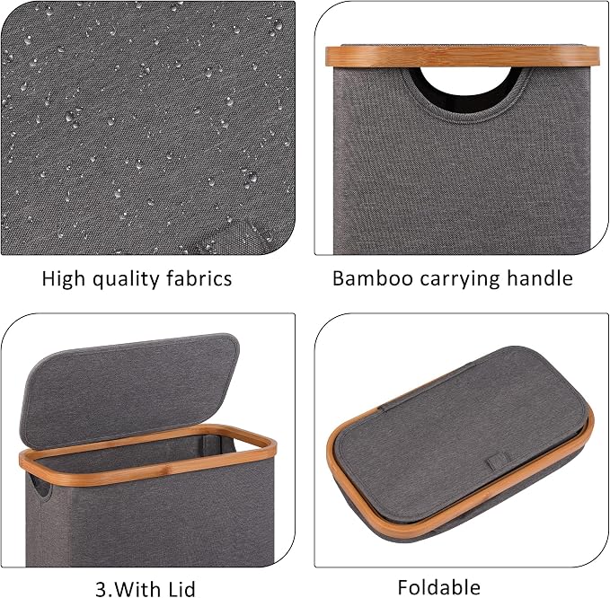 Slim Laundry Basket,60L Laundry Hamper with Lid, Tall Hamper for Laundry,Dirty Cloth Hamper with Bamboo Handle for Towels, Clothes Organizing,Grey