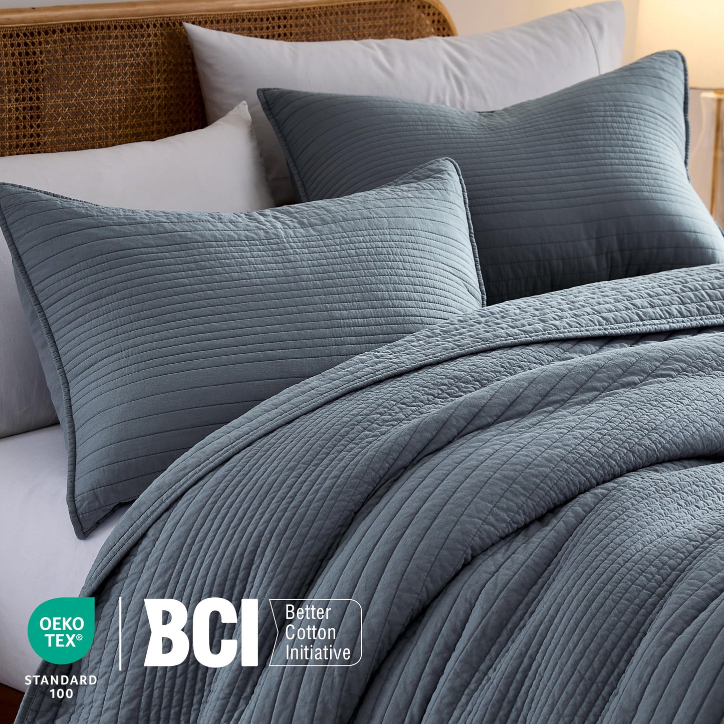 palassio Striped Blue Grey 100% Cotton Quilt Queen Size Bedding Sets, Lightweight Crinkly Channel Pick Stitch Textured Bedspread Soft Shabby Chic Farmhouse Country Coverlet for All Season, 2 Shams