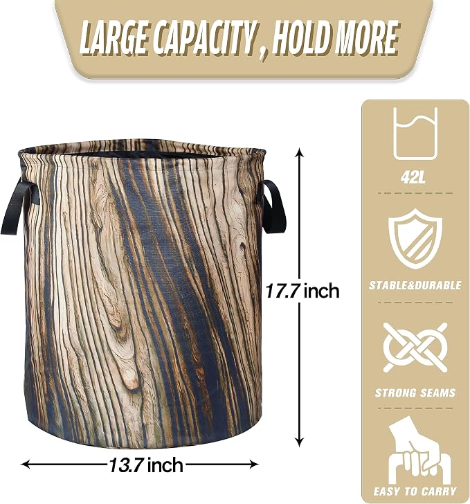 Wood Grain Laundry Basket Tree Stump Texture Foldable Oxford Cloth Funny Tote Bag Laundry Hamper Clothes Storage Bucket Organizer For Bathroom/Laundry Storage/Bedroom 18.9x16.5 Inch