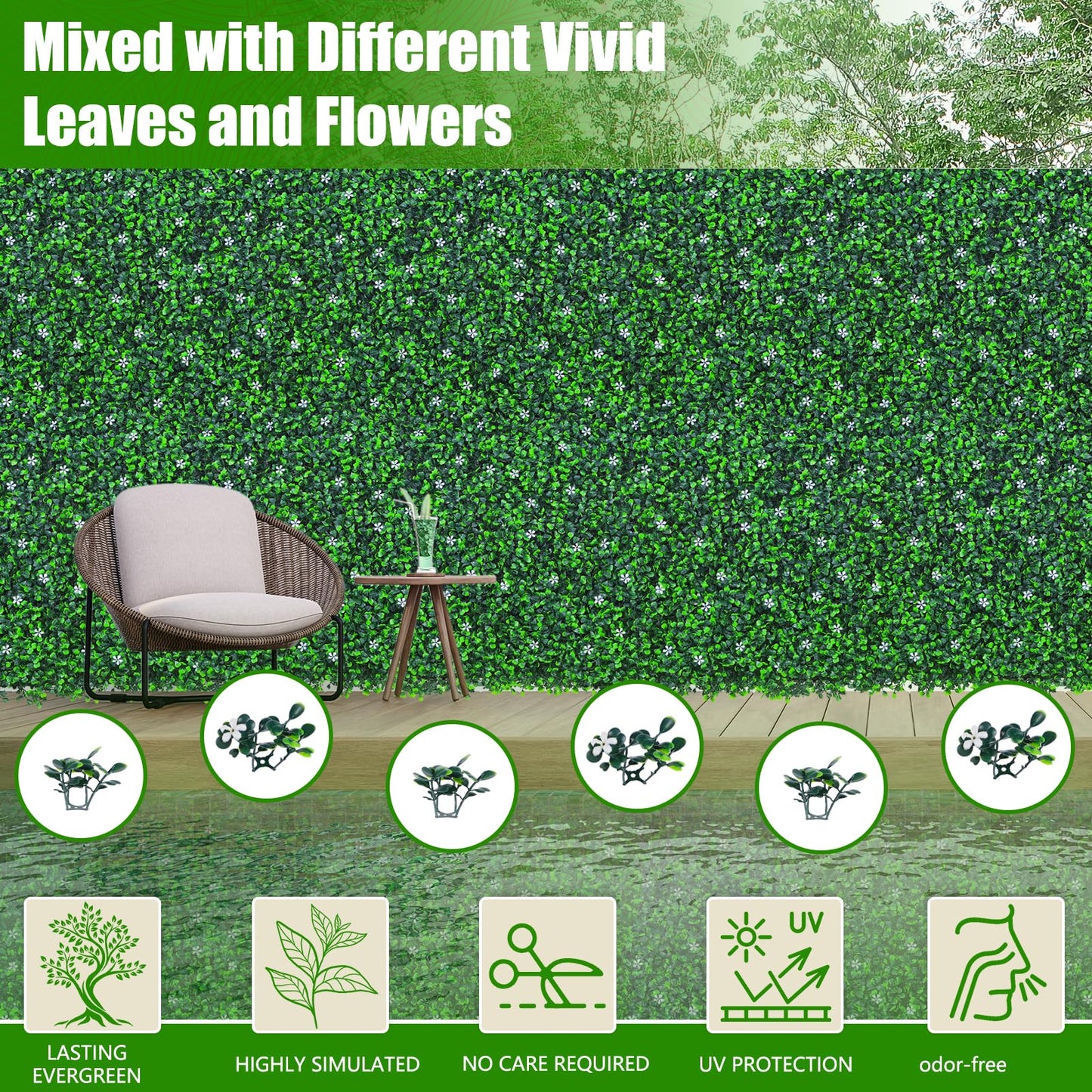 EverNture 40"x120"(33.3 SQFT) Grass Wall Panels, Artificial Grass Backdrop, Fake Greenery Plant Boxwood Roll with Flower, Green Wall Decor for Outdoor Indoor Patio Garden Backyard