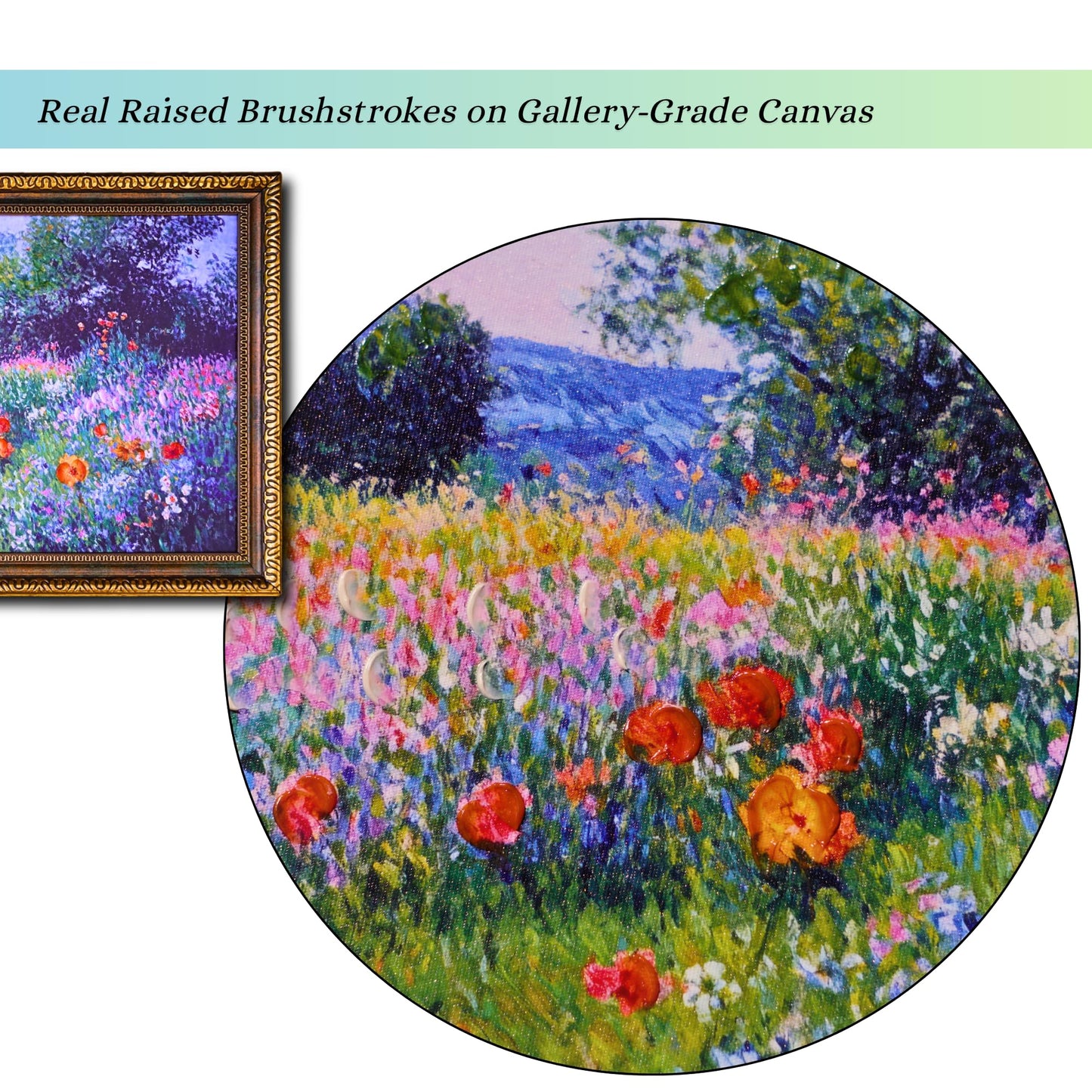 TAKORO Hand-Painted Textured Wildflower Field Canvas Art with Eco-Friendly Frame, Claude Monet Style Wall Decor OD Size 27"x16.75"