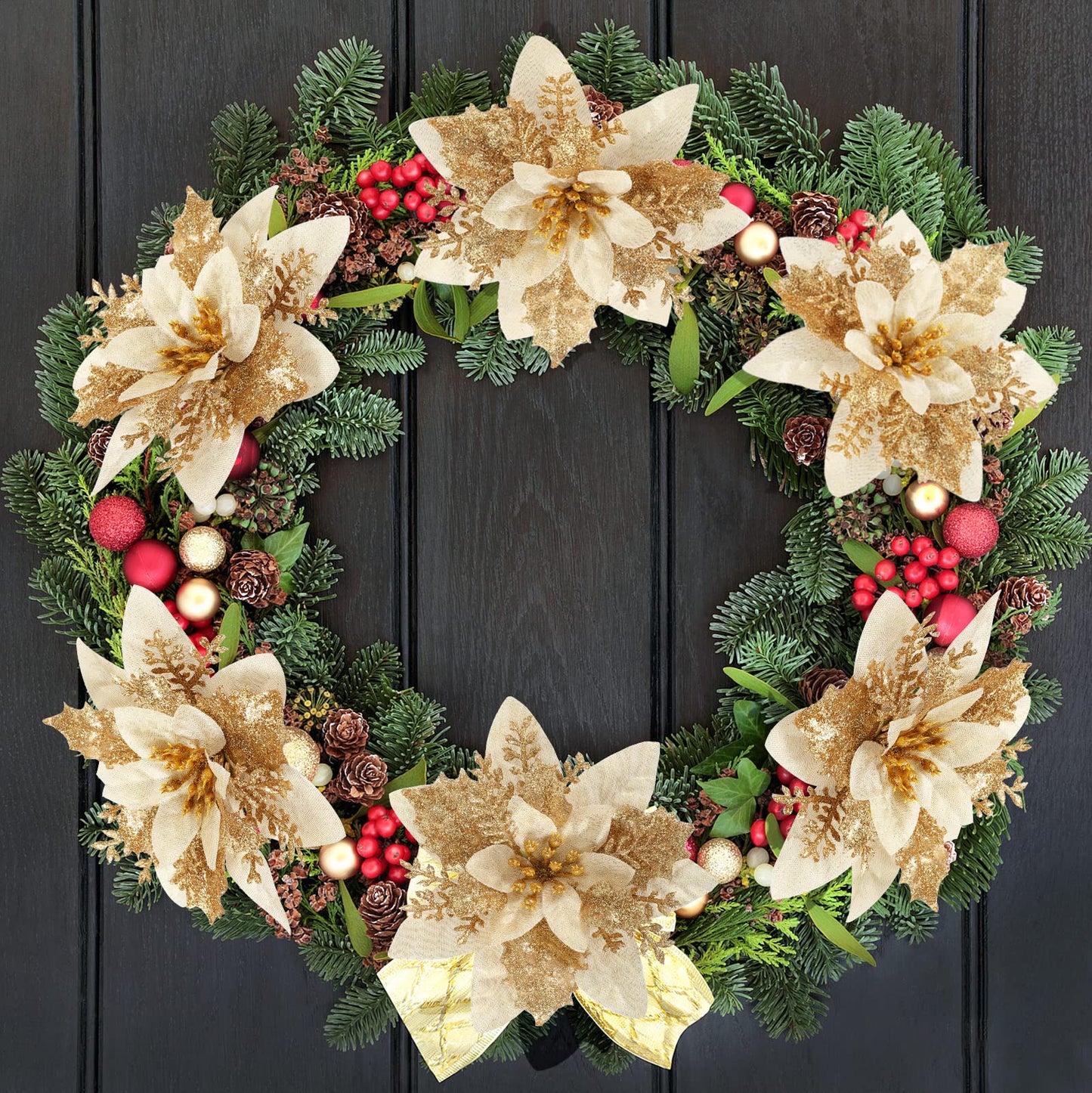 Poinsettia Christmas Decorations Flowers - 12Pcs Artificial Red Gold Poinsettia Christmas Tree Ornaments Glittery for Xmas New Year Wedding Party Wreath DIY Garland Decor (Gold)