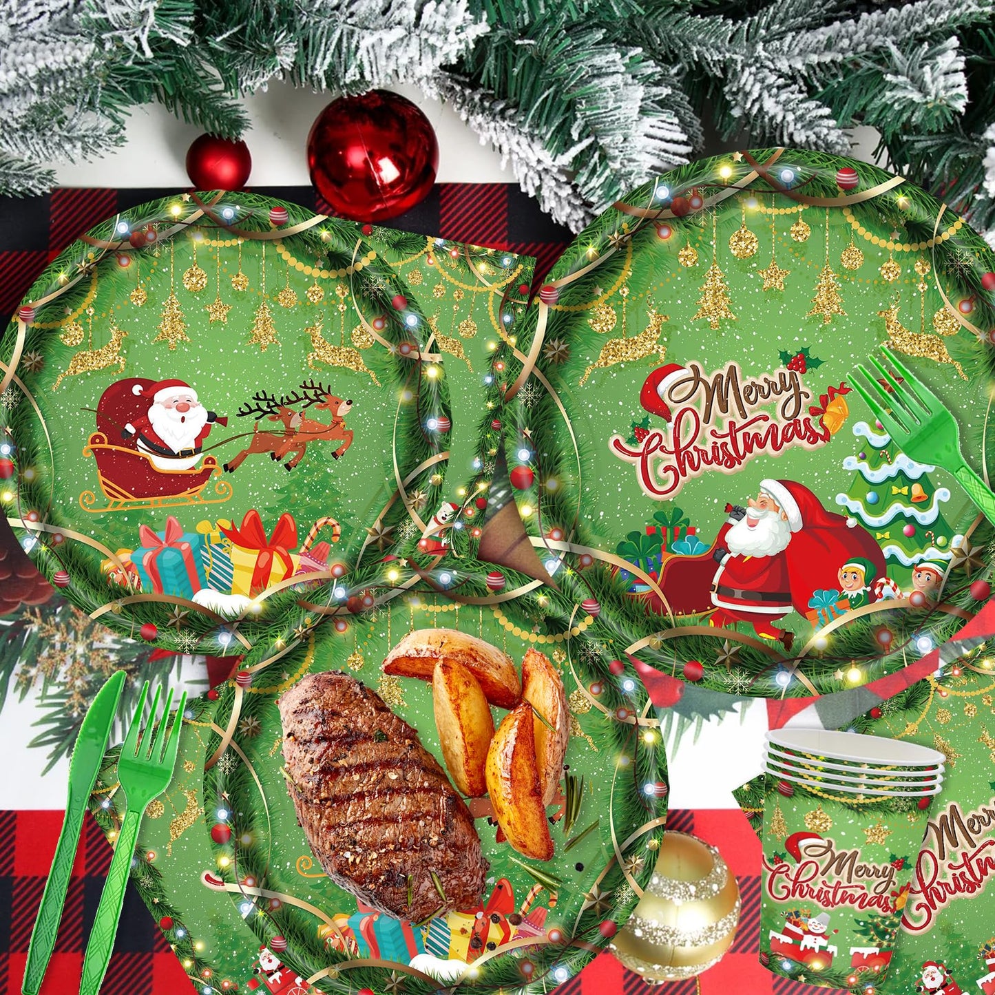168PCS Christmas Plates and Napkins, Cartoon Santa Claus Snowman Christmas Disposable Dinnerware Set Party Supplies, Green Holiday Paper Plates Napkins Cups Cutlery for Xmas Serves 24