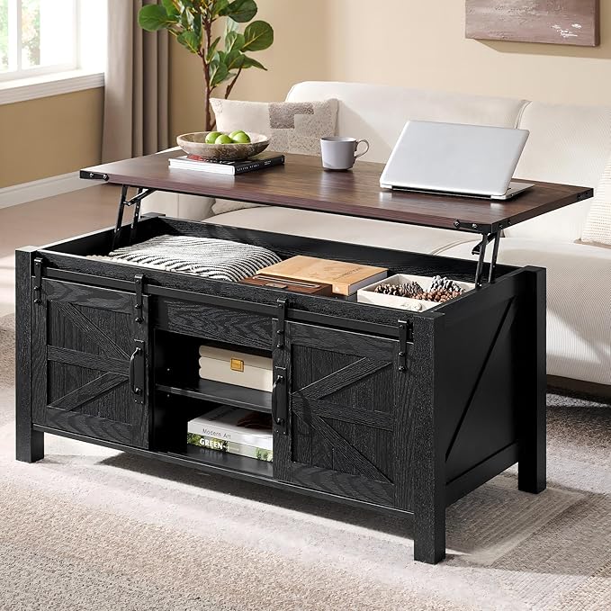 OKD 48" Farmhouse Lift Top Coffee Table with Sliding Barn Door, Rustic Center Table w/Hidden Storage Compartment, Lift Tabletop Dining Table w/Adjustable Shelf for Living Room,Black & Walnut Oak