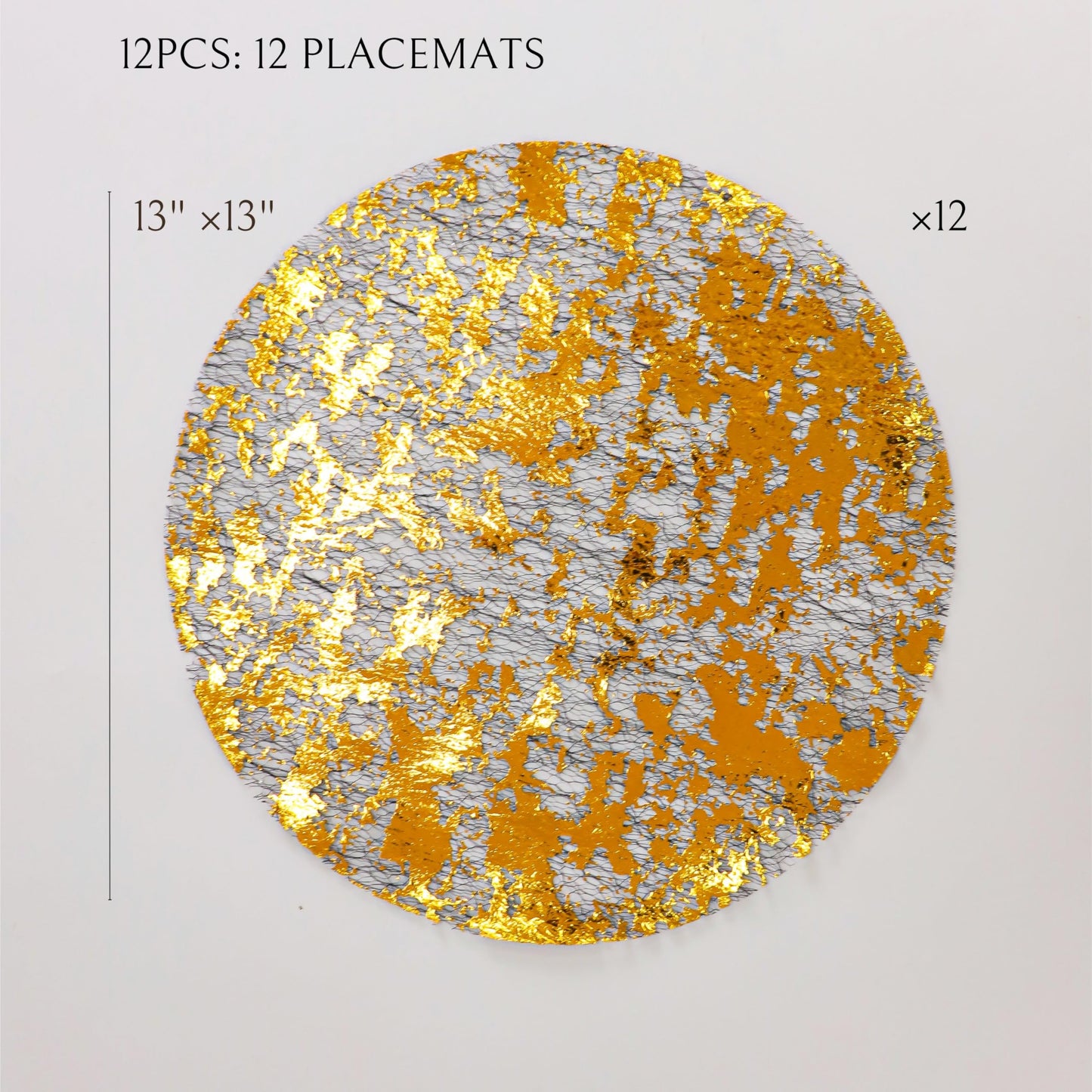 Snowkingdom 12 Pcs Black & Gold Placemats, Round Disposable Metallic Foil Doilies Glitter Mesh Table Mats for Fall Thanksgiving Christmas New Year Dinner Party Holiday Celebration Decorations