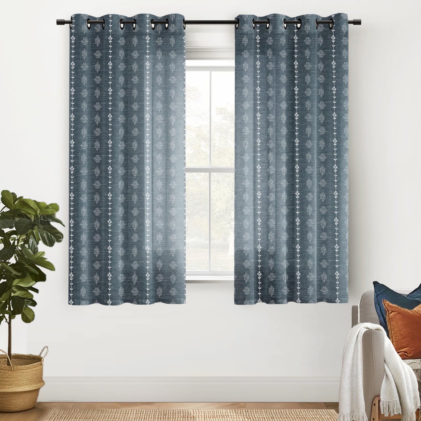 Denim Blue Modern Farmhouse Curtains, Vintage Dusty Blue Grey Chambray Linen Scandinavian Global Inspired Tie Dye Ikat Look Curtains for Living Room Bedroom