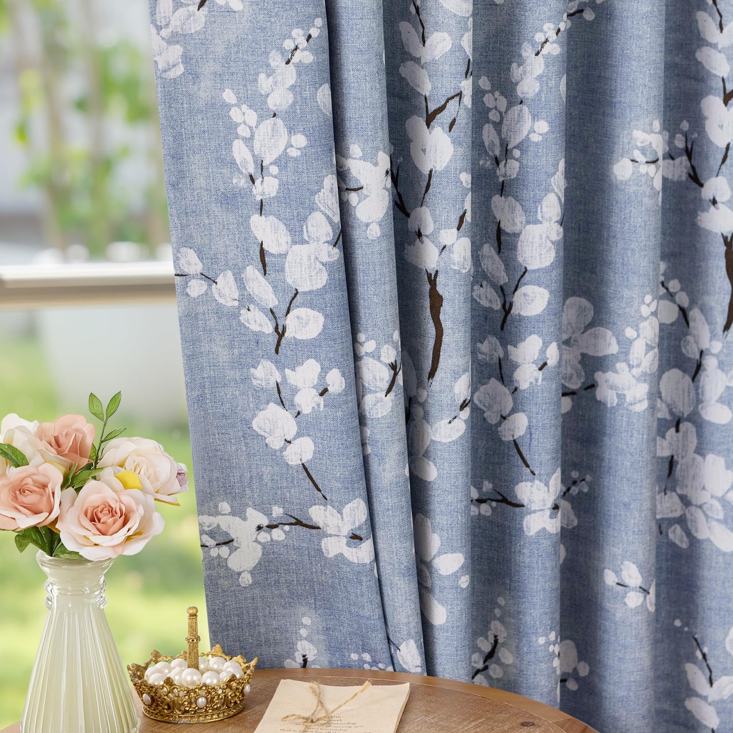 FMFUNCTEX 100% Blackout Floral Curtains for Bedroom, Blue Curtains 84 inches Long Blossom Flower Patterned for Living Room,Thermal Insulated Farmhouse Drapes, Grommet Top 2 Panels (White on Blue)