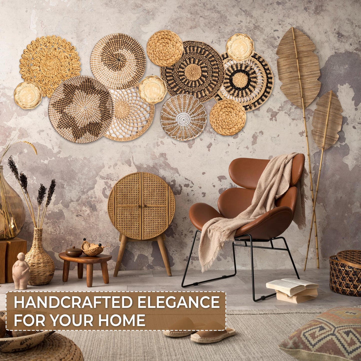 Laquedecraft Set 12 Boho Wicker Rattan Plate Basket Set For Décor Hanging Wall | Large Woven Farmhouse Rustic Bohemian Art Baket Hangings For Decorative Home, Bedroom, Living Room, Kitchen, Bathroom (Classic, 12)