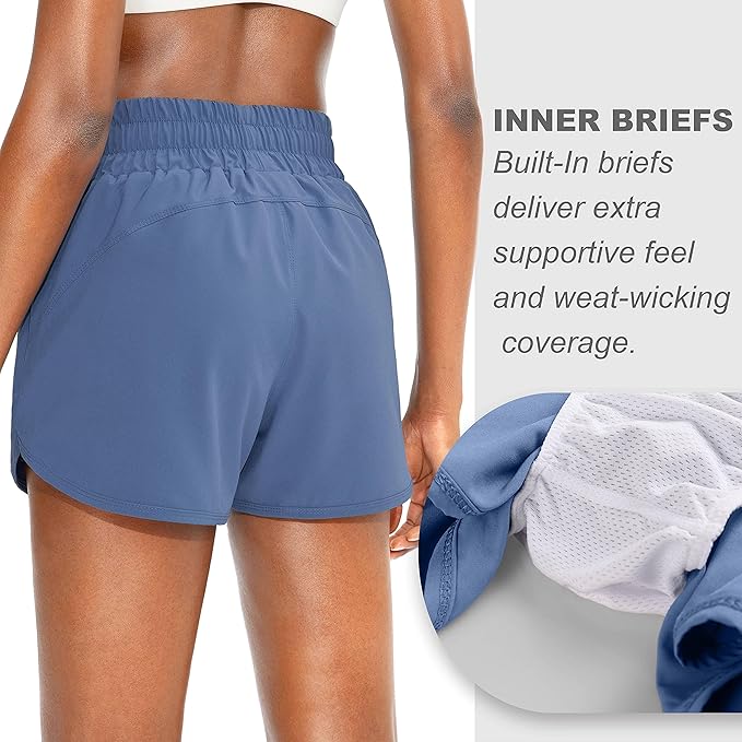 SANTINY Women's Running Shorts with Zip Pockets High Waisted Athletic Workout Gym Shorts for Women with Liner