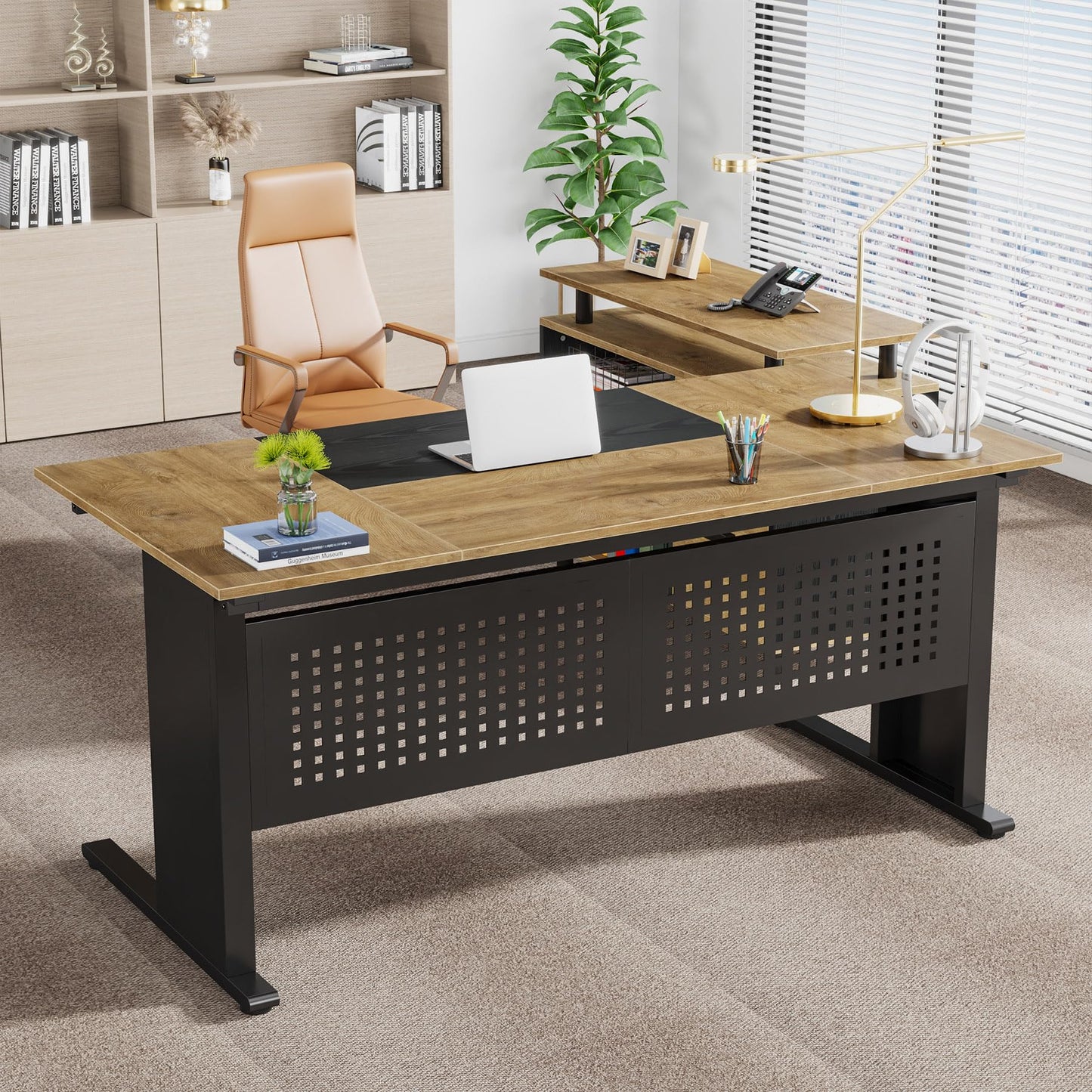 Tribesigns 63 Inch Executive Desk with File Cabinet, Large Office Desk L Shaped Computer Desk with Drawers and Storage Shelves, Business Furniture Desk for Home Office, Wood Color and Black