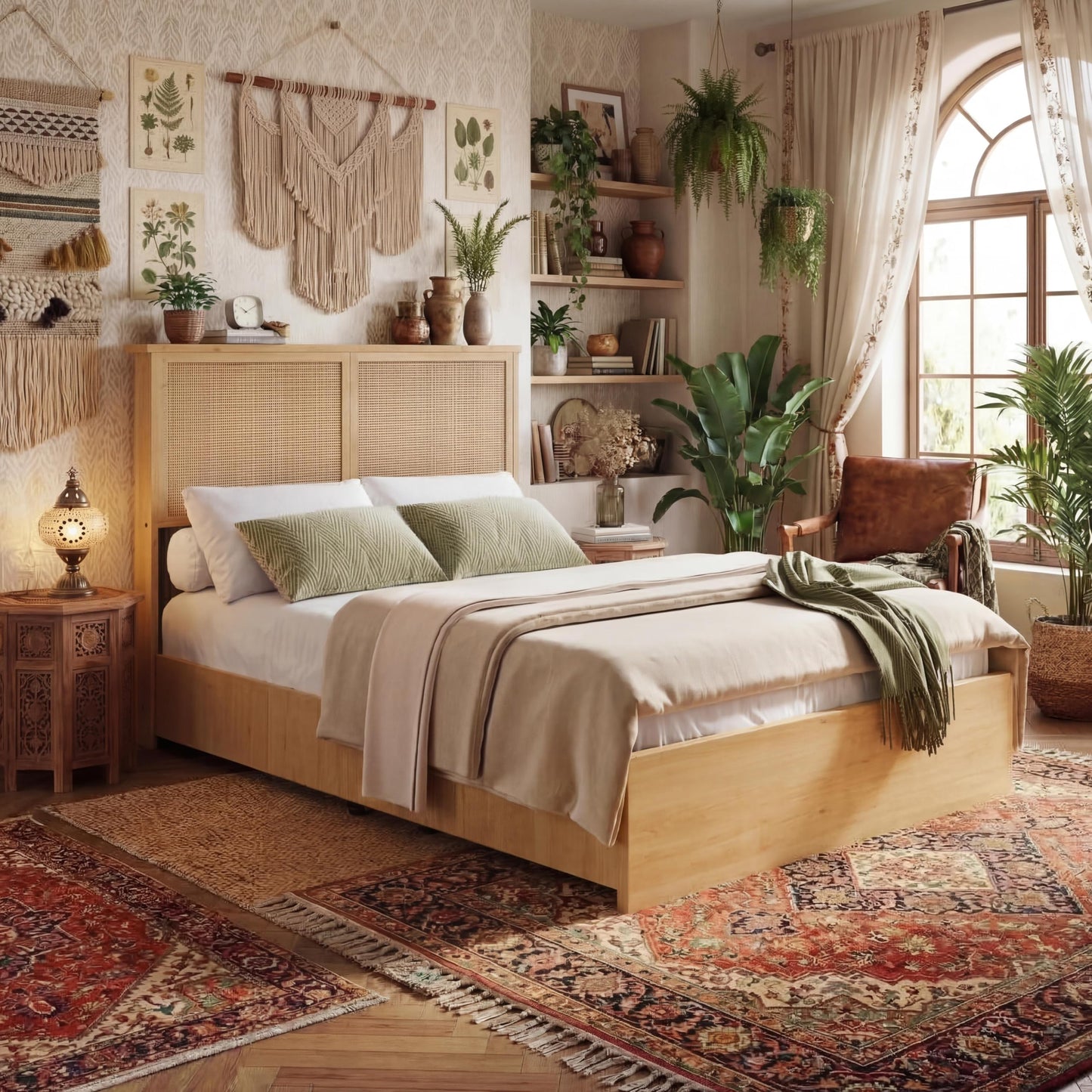 IDEALHOUSE Rattan Full Bed Frame with 4 Storage Drawer, LED Lights & Natural Rattan Headboard, Wood Full Size Bed Frame with Sturdy Wood Foundation, No Box Spring Needed, Natural