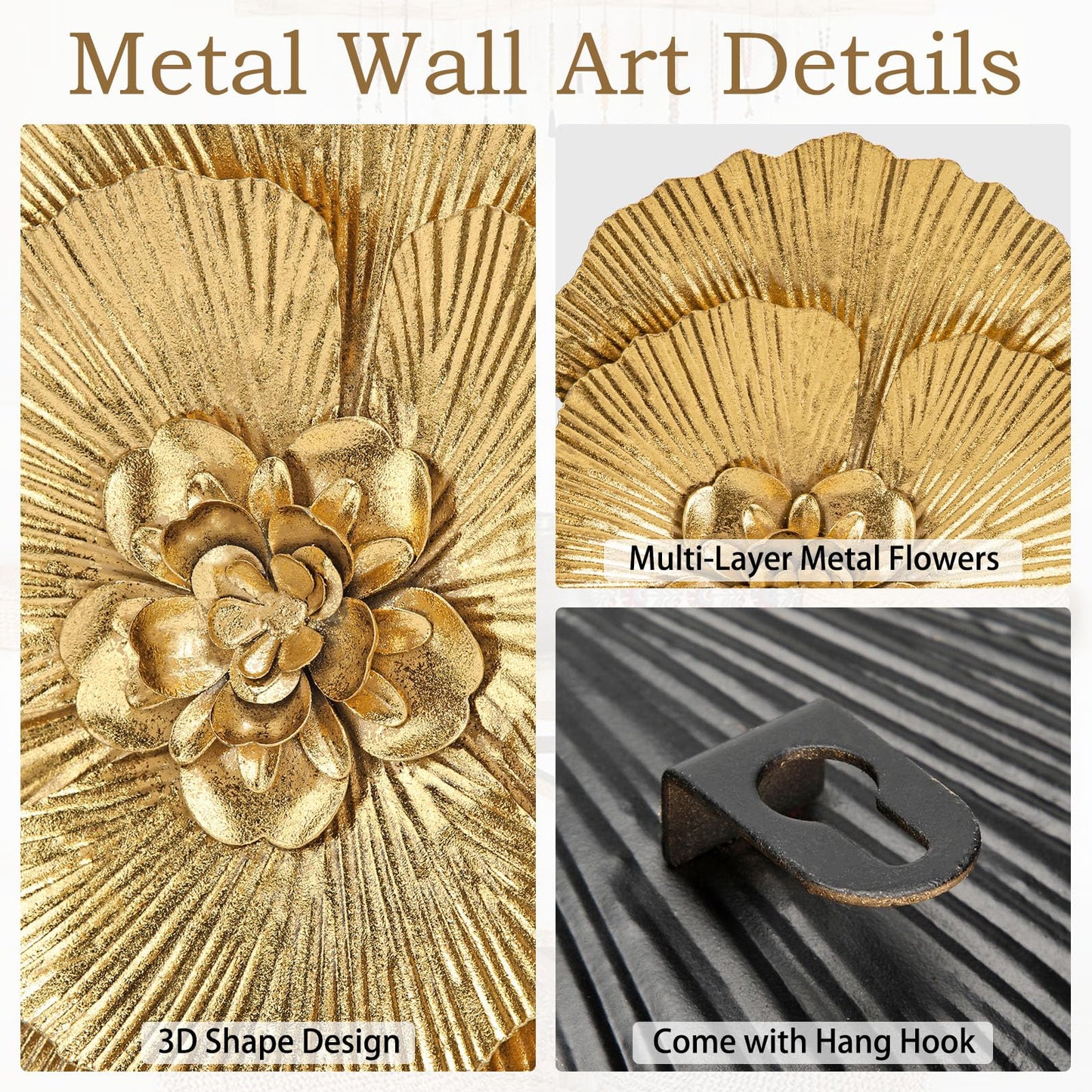 DILATATA 3 Pcs Metal Flower Wall Art Set 10 Inch Rustic Modern Floral Sculpture 3D Metal Flower Wall Hanging Accent for Indoor Living Room Bedroom Kitchen Bathroom Garden Patio Decor - Gold