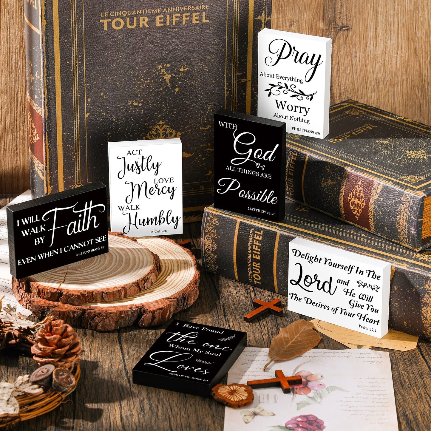 6 Pcs Mini Christian Wooden Signs Bible Verse Decor Inspirational Scripture Wood Block Be Still and Know Religious Plaque Art Church Party Favor Wall Home, 3.5x2.5x0.47 in(Cute Style)