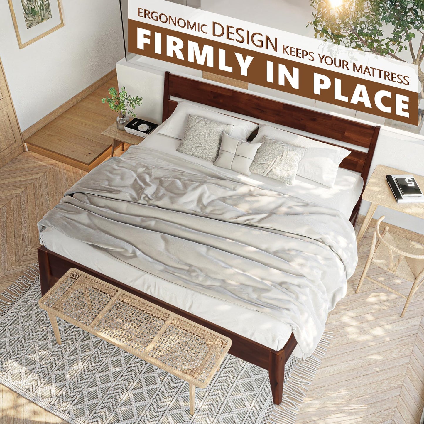 Acacia Emery Bed Frame with Headboard Solid Wood Platform Bed, King Size Bed Frame, Mid - Century Modern Wood Bed Compatible with All Mattresses, Easy Assembly, Non-Slip, Chocolate.