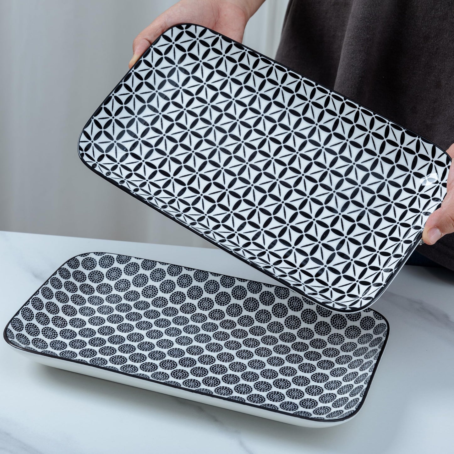 LEHAHA Serving Platters Set of 4, 12" Inch Rectangular Tray, Serving Dishes for Entertaining, Ceramic Serving Trays for Serving Food for Party and Cookies, Microwave & Dishwasher Safe, Black