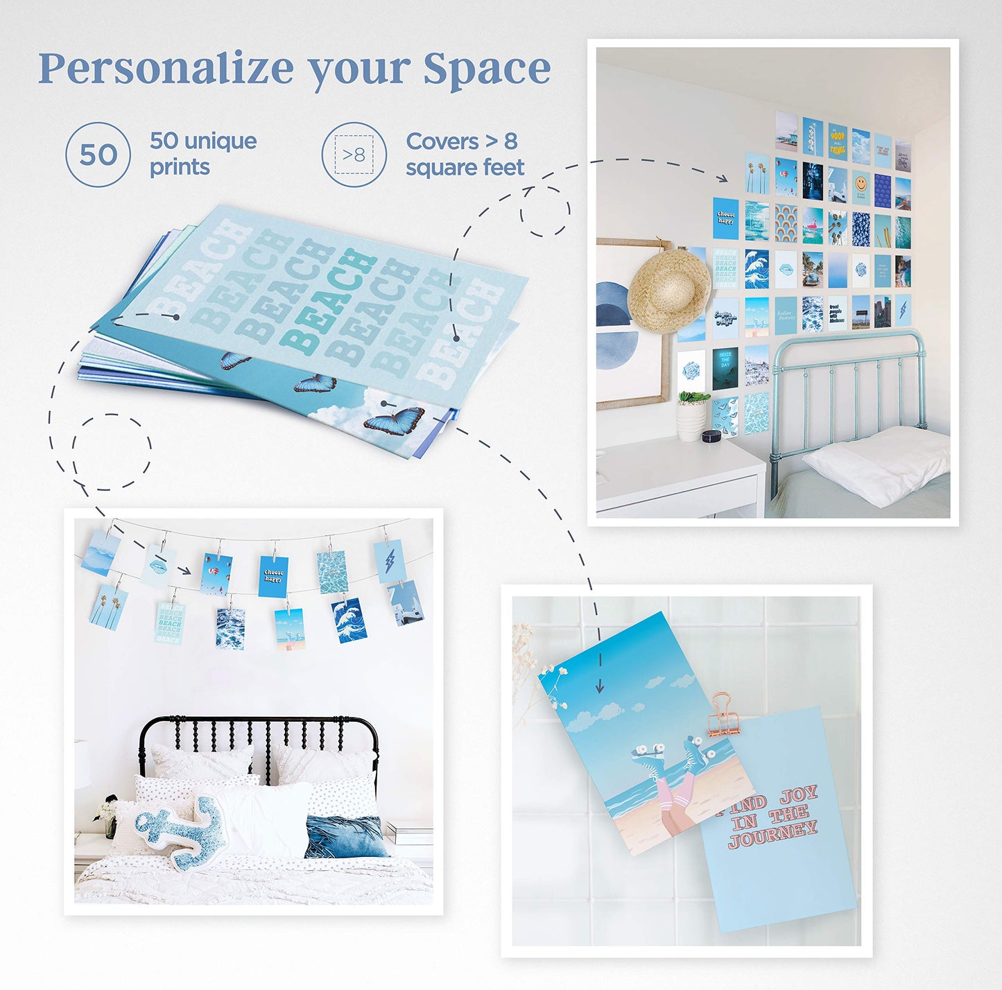 HAUS AND HUES Blue Photo Collage Kit for Wall Aesthetic Décor Beach Aesthetic Posters & Aesthetic Pictures | Aesthetic Blue College Room Decor (Set of 50)