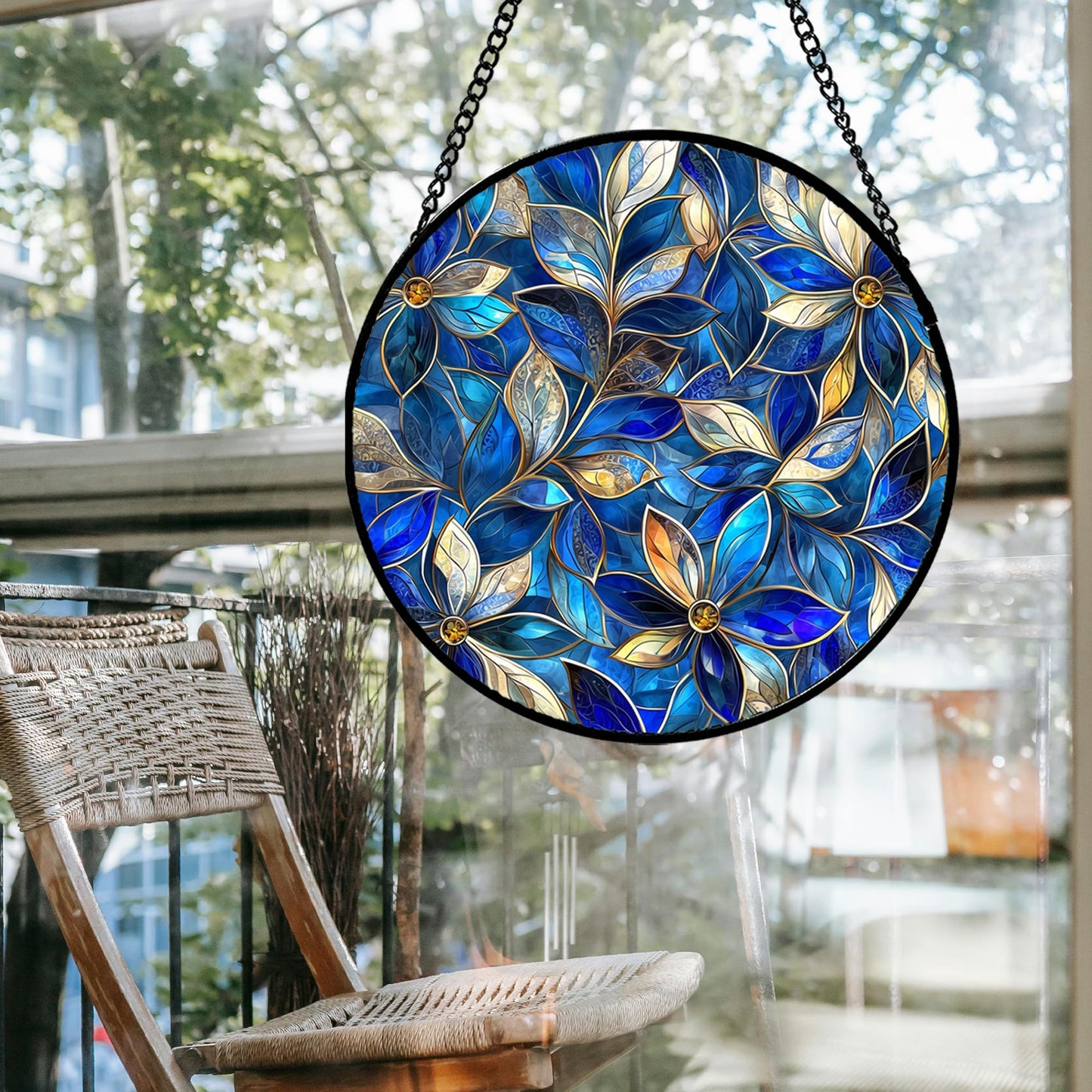 JOSUMALY Stained Glass Window Hanging - Blue Gold Abstract Flowers Suncatcher for Door Terrace Garden Home Decor, Plant Sun Catcher Birthday Gifts for Lovers Women Men Dad Mom Nana 9.8 in