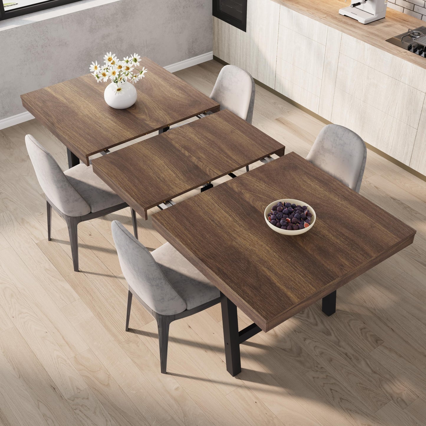 GarveeHome 63-83" Extendable Dining Table, Industrial Rectangular Dining Room Table for 6-8 People, Expandable Kitchen Table with Heavy Duty Metal Frame for Dining Room, Kitchen & Parties, Brown