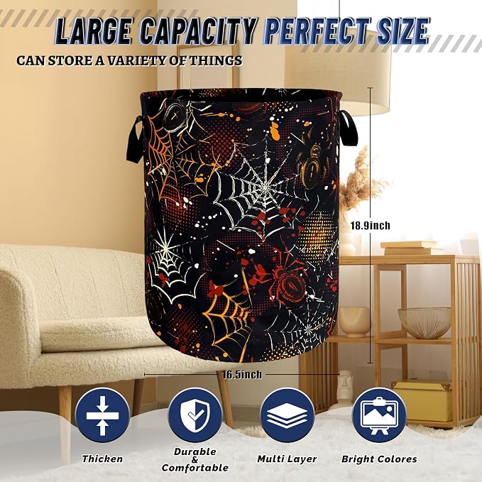 Colorful Spider Web Laundry Basket Foldable Oxford Cloth Halloween Laundry Hamper With Handle Clothes Storage Organizer Basket 18.9"x16.5" Storage Bag For Laundry Room/Bathroom/Bedroom/Dormitories