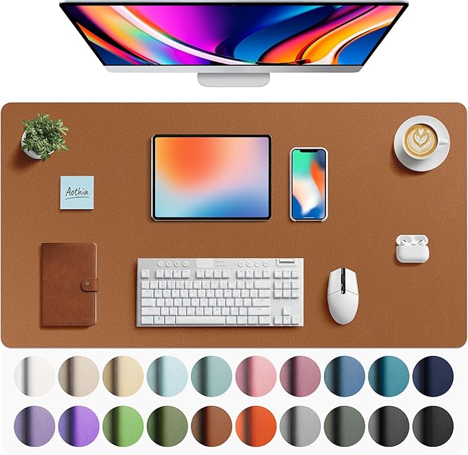 Aothia Faux Leather Desk Mat - Large Mouse Pad, Non-Slip PU Leather Blotter, Waterproof Writing Surface for Office and Home (Brown, 40" x 24")