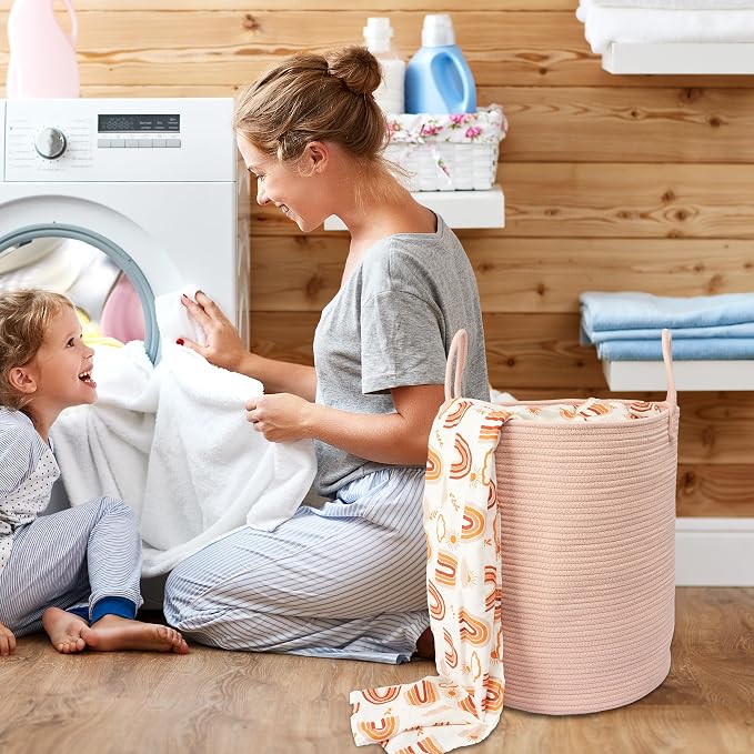 XUANGUO Cotton Rope Laundry Basket Hamper for Clothes Woven Storage Basket for Living Room Bedroom Boho Tall Rope Baskets for Blanket Toys Pillow Towels Baby Nursery Hamper Bin coral pink