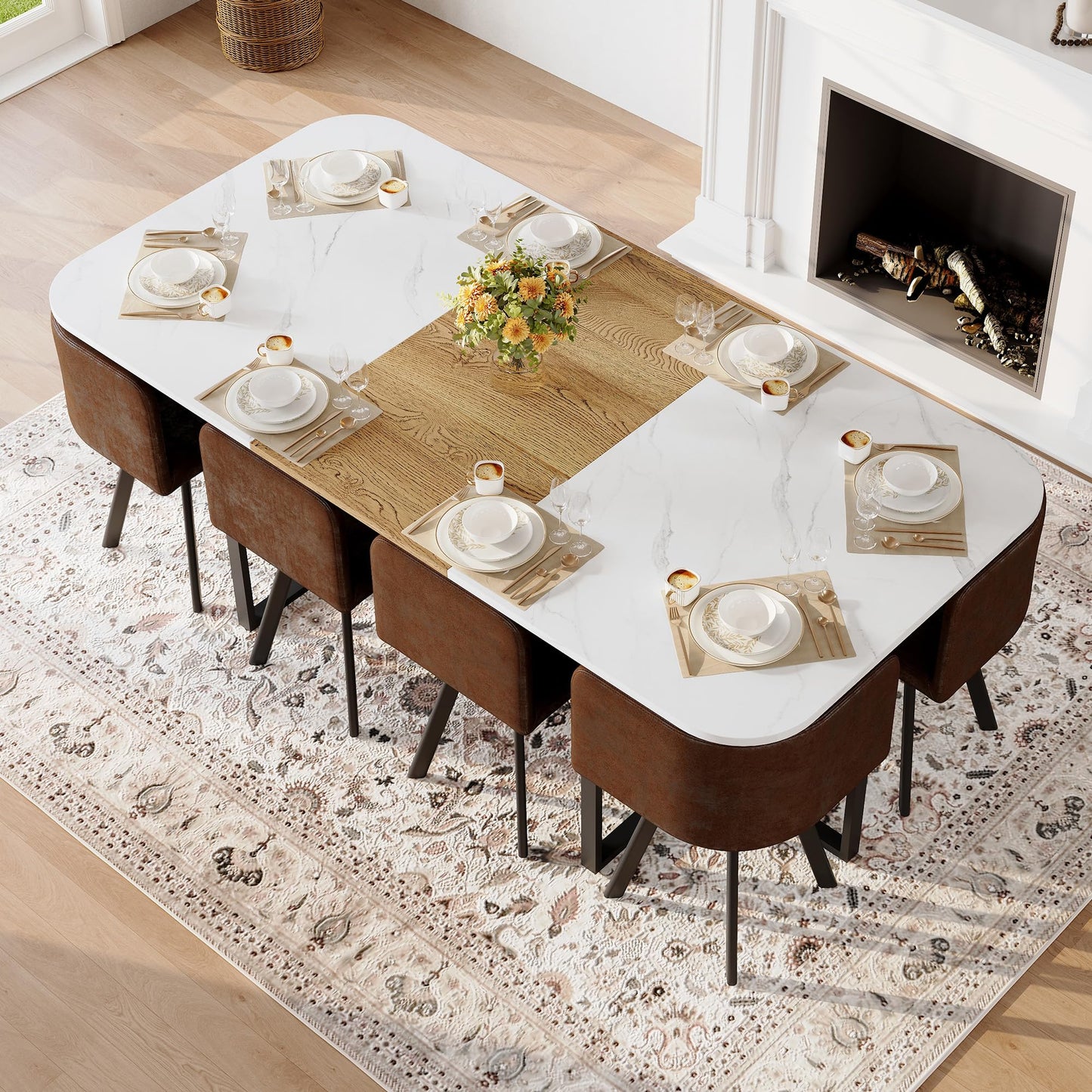 KEIKI 79" Dining Table Set for 8, Rectangular Kitchen Table Set with White Faux Marble & Wood Grain Top, Modern Dining Room Set with 8 Brown Suede Chairs, Large Family Dining Table Furniture