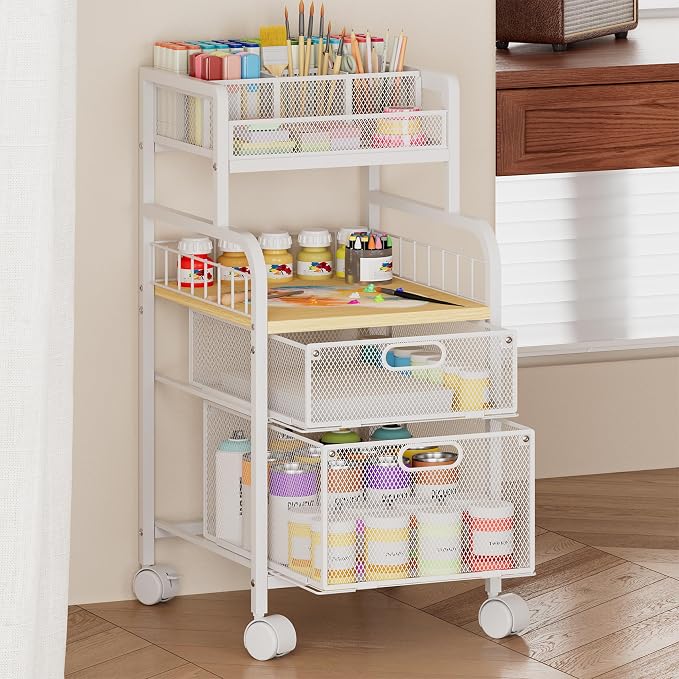 SWTYMIKI Rolling Cart with Drawers - Metal Craft Cart with Wheels, DIY Divider and Wood Shelf, Art Supply Organizer for Under Desk Storage, Utility Storage Cart for Home Office Studio, White