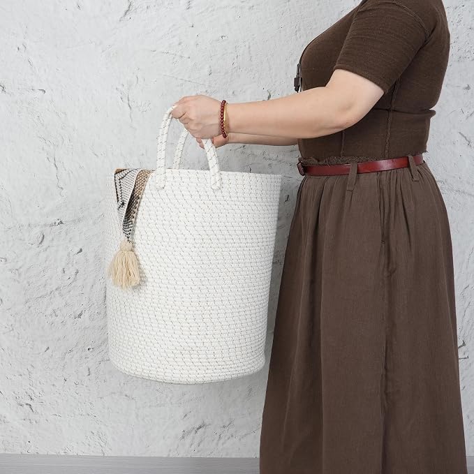 XUANGUO Cotton Rope Laundry Basket Hamper for Clothes Woven Storage Basket for Living Room Bedroom Boho Tall Rope Baskets for Blanket Toys Pillow Towels Baby Nursery Hamper Bin striped