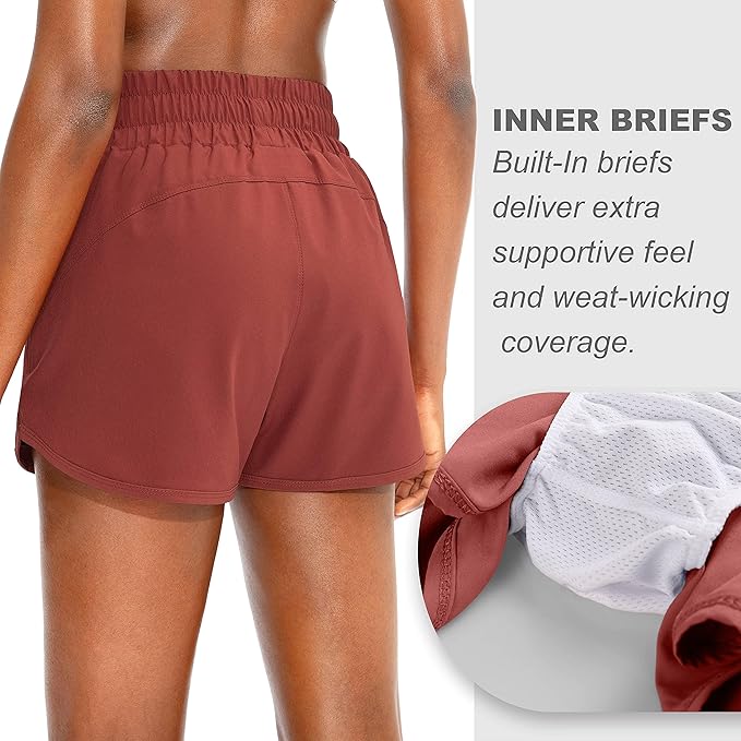 SANTINY Women's Running Shorts with Zip Pockets High Waisted Athletic Workout Gym Shorts for Women with Liner