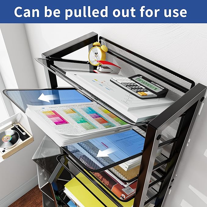 Simple Trending 12 Tier Rolling File Cart, Desk File Organizer with Sliding Trays and Metal Mesh Paper Letter Storage Multi Functional Rolling Clutter Cart for Office, Home, School, Black