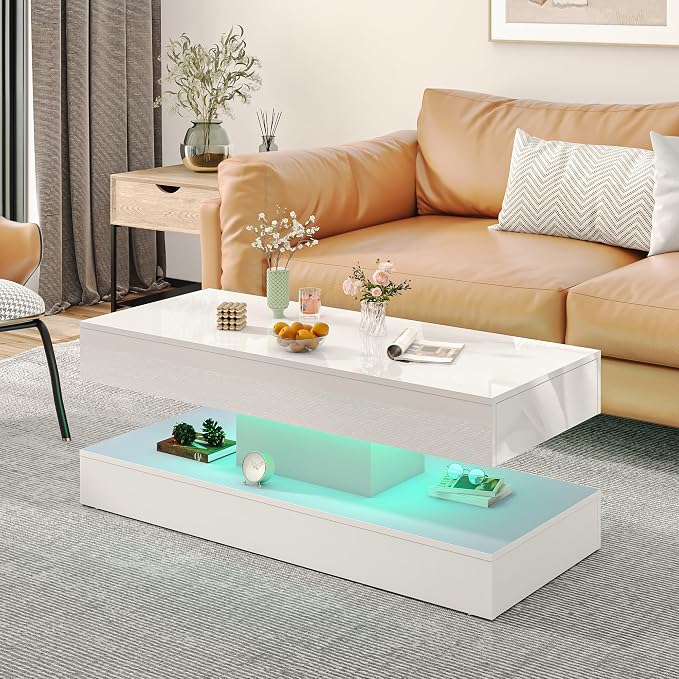 Uspeedy 47.3in Large High Glossy LED Coffee Table with 2 Storage Drawers,Black/White Modern Coffee Tables for Living Room,Living Room Tables,APP LED Lights (White)